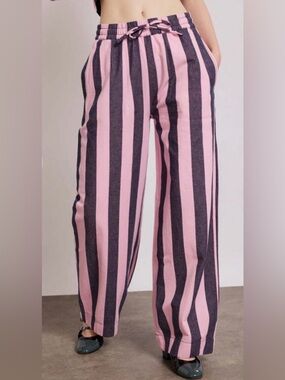 NWT Damson Madder Rafe Wide Leg Striped Pants in Pink Navy